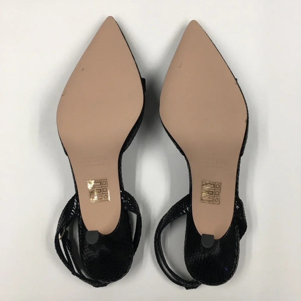J Crew Snake Embossed Leather Kitten Heel Ankle Strap 8 Black Bow Wedding Party